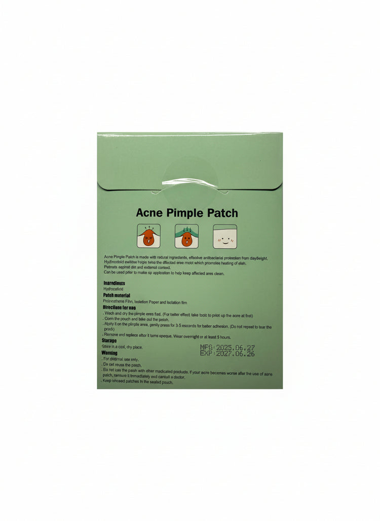 Packaging of Acne Pimple Patch with text and icons on a gray background
